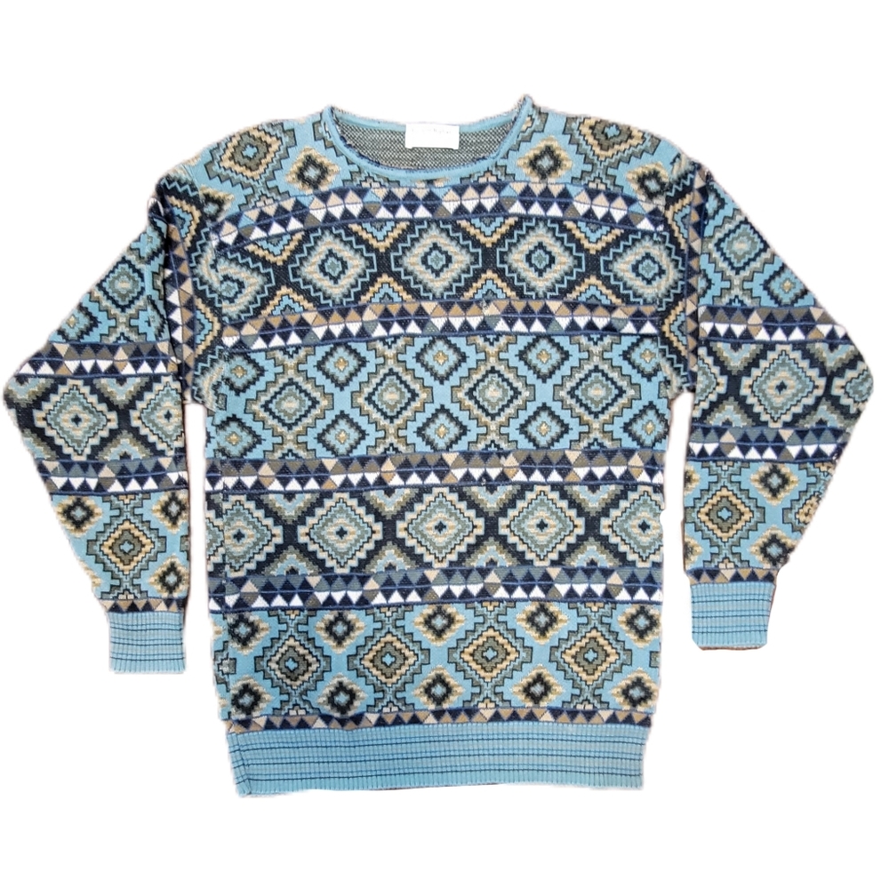 Vintage Tricots St Raphael 100% Cotton GEOMETRIC sweater w/ distressed  collar